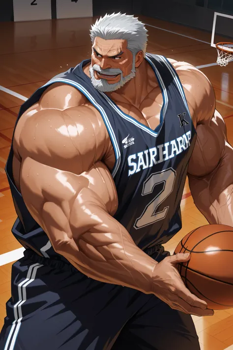 solo, huge muscular old man, garp, white_Garp_old facial hair, grey_Garp_short hair, black_Garp_scar on face, black_Garp_eyes, happy, side chest, Stand slightly sideways, side angel, shirtless, very huge pectoral, shorts, basketball, jersey, basketball fie...