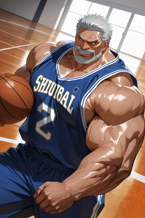 solo, huge muscular old man, garp, white_Garp_old facial hair, grey_Garp_short hair, black_Garp_scar on face, black_Garp_eyes, happy, side chest, Stand slightly sideways, side angel, shirtless, very huge pectoral, shorts, basketball, jersey, basketball fie...