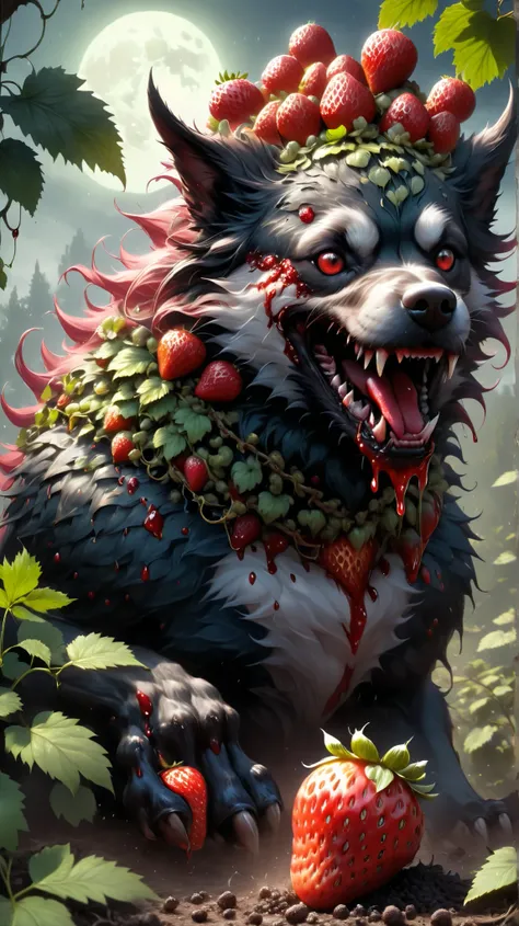 **"Under the eerie glow of the moon, a monstrous creature lurks in the shadows—a horrifying fusion of a dog and a strawberry. Its fur is replaced with thick, red flesh, dotted with black seed-like bumps that ooze a dark, viscous liquid. Long, thorn-covered...