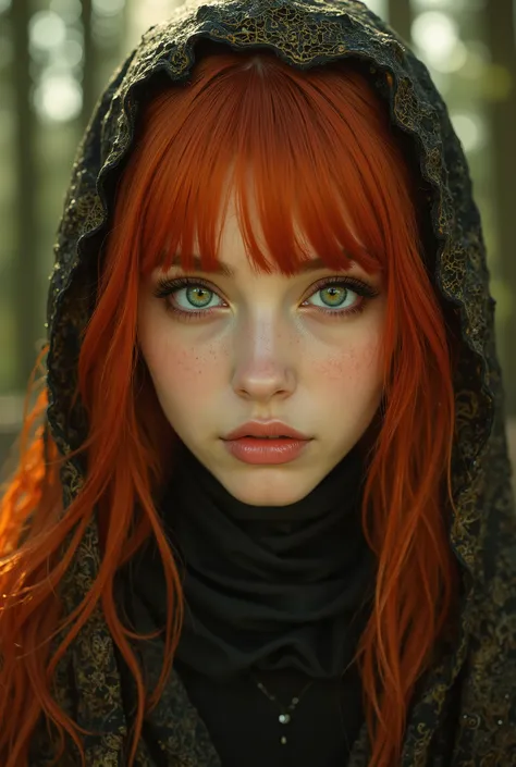 red-haired woman,green eyes,upper body shot,fantasy atmosphere,delicate expression,Mysterious Gaze,big eyes,Classy construction,4K,EXTRA FINE DETAILS,Deep Dream,fantastic, clear , Vivid , Warm Tones