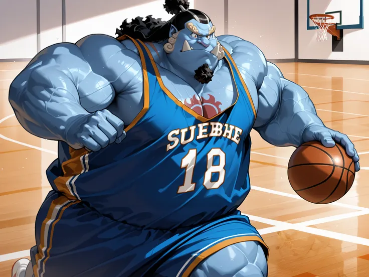 solo, chubby jinbe, chest tattoo, happy, side chest, Stand slightly sideways, side angel, shirtless, very huge pectoral, shorts, basketball, jersey, basketball fields, running, playing basketball, dribble ball, detailed face:1.3, eyes, wide shoulder, thick...