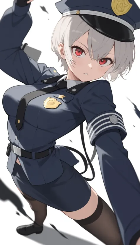 score_9_up, score_8_up, score_7_up, ((masterpiece)), (best quality), 1girl, solo, Simple background, temptation, delicate face, Battle Pose , Thomas slalom kick, full body, silver short hair, long sideburn, red delicate eyes, Disdainful Eyes, Black Stock...