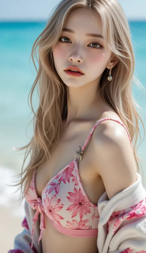 ((Depicts a Korean Pop Idol Girl。),(live-action),((Bust up photoshoot)),(( sunny tropical beaches and seas )),(cleavage),(women's rock design black leather bikini swimsuit),(smile),(Wrap a black and white striped long scarf around your neck),Arm band,thigh...