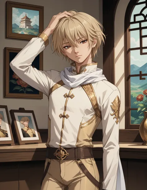 score_9, score_8_up, score_7_up, source_anime, 1boy, slim, bishounen, twink, hand in head, male focus, solo, sensisono, light blonde hair, brown eyes, hair between eyes, short hair, white scarf, bangs, chinese clothes, turtleneck, shirt, intricate clothing...