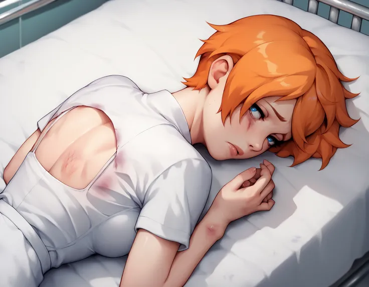 juni, orange hair, short hair, blue eyes, hospital background, lying in bed, look of concern, looking to the side, lying on the front, sad face, seen from above, hospital clothing, bruised, blody, white dress, arms lowered
