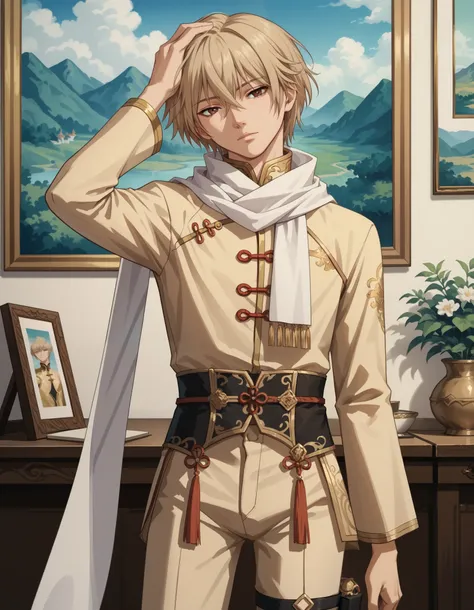 score_9, score_8_up, score_7_up, source_anime, 1boy, slim, bishounen, twink, hand in head, male focus, solo, sensisono, light blonde hair, brown eyes, hair between eyes, short hair, white scarf, bangs, chinese clothes, turtleneck, shirt, intricate clothing...