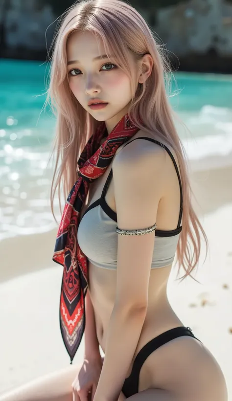 ((Depicts a Korean Pop Idol Girl。),(live-action),((Bust up photoshoot)),(( sunny tropical beaches and seas )),(cleavage),(women's rock design black leather bikini swimsuit),(smile),(Wrap a black and white striped long scarf around your neck),Arm band,thigh...