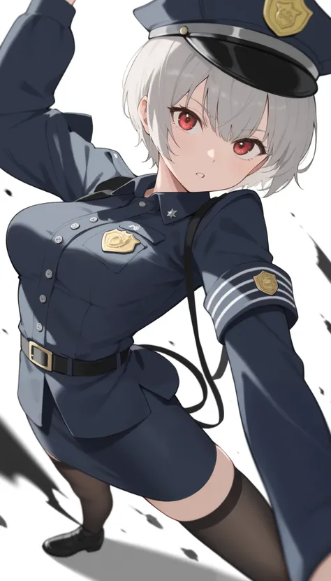 score_9_up, score_8_up, score_7_up, ((masterpiece)), (best quality), 1girl, solo, Simple background, temptation, delicate face, Battle Pose , Thomas slalom kick, full body, silver short hair, long sideburn, red delicate eyes, Disdainful Eyes, Black Stock...