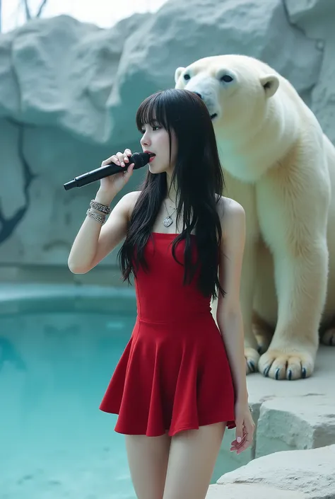 Create a realistic photograph of a beautiful Japanese female singer in a dynamic angle. She has a slender body, small bust, and thin legs, with long hair styled with bangs. She is wearing a red gothic mini dress and has gothic makeup. The scene captures he...