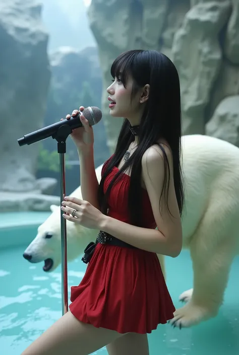 Create a realistic photograph of a beautiful Japanese female singer in a dynamic angle. She has a slender body, small bust, and thin legs, with long hair styled with bangs. She is wearing a red gothic mini dress and has gothic makeup. The scene captures he...