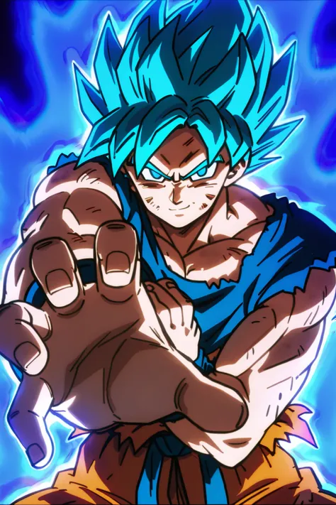 masterpiece, best quality, foreshortening, solo, looking at viewer, blue eyes, 1boy, blue hair, male focus, torn clothes, muscular, spiked hair, wristband, fighting stance, aura, dirty, dougi, super saiyan, dirty face, son goku, blue aura, smile