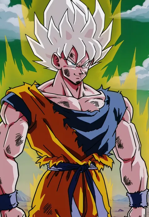Masterpiece, better quality, Son Goku, Alone , pelo rubio, yellow aura , fondo simple, shirt, 1 ,  of foot, upper body, white hair, male focus, sky, pants, cloud, black eyes,  torn clothes, muscular, frown, cloudy sky, pointed hair, smile burlona, smile, G...