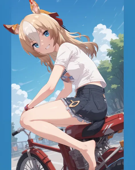 durandal \(umamusume\)，1 Girl, solo, anime style，cute girl,best quality to deliver, super detailed, anime style，8k, high definition, detailed images，（（（straddling a white bicycle））），（（Red shoes）），（（ one foot is on the ground while riding a motorcycle）），（Sh...