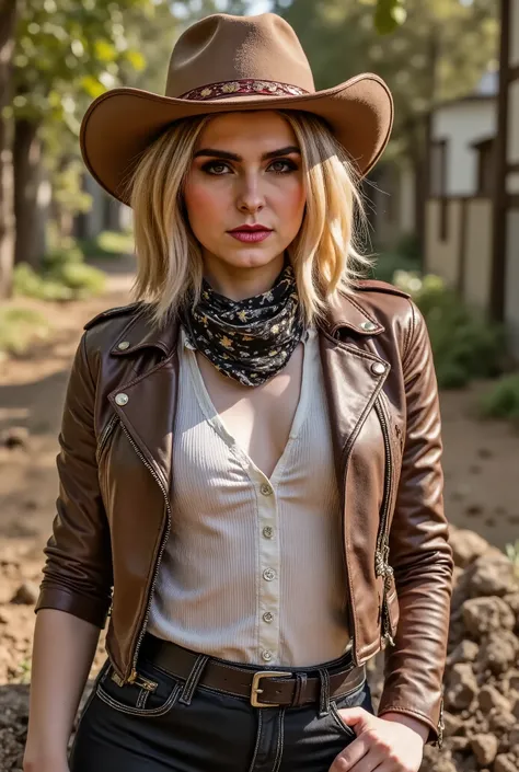 portrait of beautiful woman in muddy farm:1.2 , cowboy hat, fringed waistcoat , trousers, scarf , confidence , medium breast,
