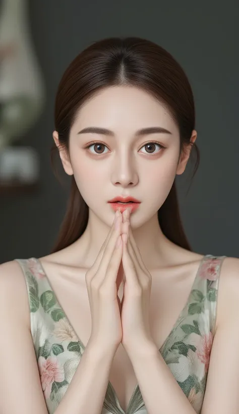 Beautiful women in Chinese clothes, perfect hands touching her lips