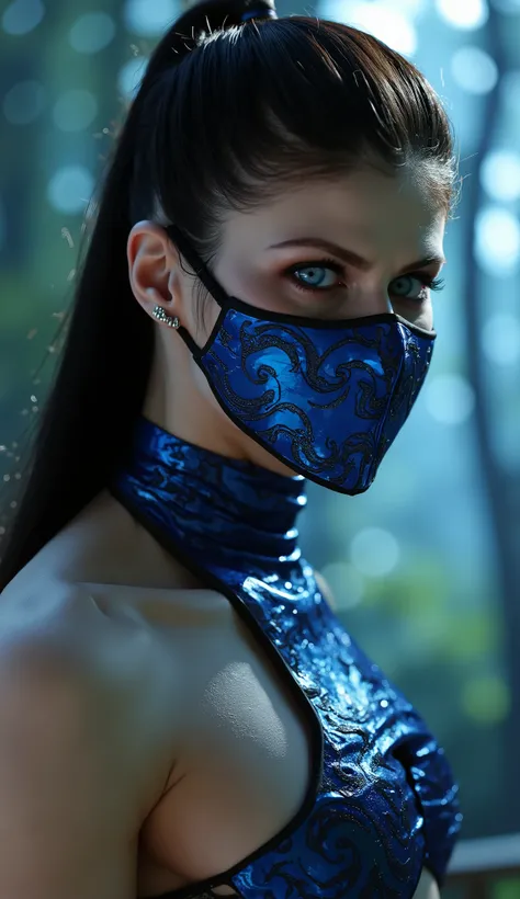 Here's a detailed prompt to generate a super realistic image of Alexandra Daddario as Kitana, with a shiny metal mask and details blue, focus on the upper body: "Hyper-realistic Close-up of Alexandra Daddario as Kitana, The warrior of *  mortal kombat*. Sh...