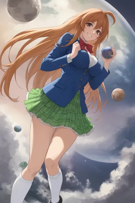 best quality,masterpiece,looking at viewer,absurdres,1girl,score_9,score_8_up,score_7_up,source_anime BREAK natsume aya,orange hair,long hair,brown eyes,ahoge,breasts,white ,skirt,bow,plaid,large breasts,jacket, plaid, green plaid skirt, blue blazer, evil...