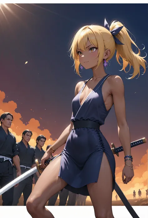(Bike Girl)beauty ponytail blonde brown skin black skin Realistic RAW photos Malicious Expression smile Look at you melancholy mood earrings bracelet、 standing、textured skin 、Shinsengumi、 Japanese sword、 Battle Mania 、 Madness、small breasts i...
