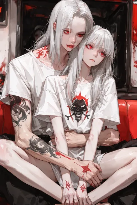 1girl , Officetel , girl(( red eyes , smooth skin , bloodless skin , white hair , loose hair , detailed face , skinny , long hair , Premium Quality , large short sleeve shirt , small height , emotionless face , bloody lips , sitting position)) , snood ...