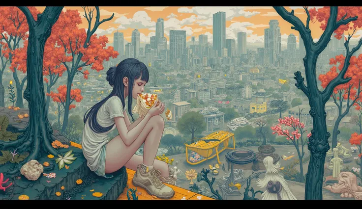 surreal fantasy, james jean style, a girl sitting in a stairs eating a burrito in a park, background a big city. soft colors: digital art, atmospheric, high detail, akihiko yoshida, craig mullins, Canon50, Close-up, natural lighting