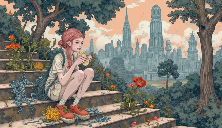 surreal fantasy, james jean style, a girl sitting in a stairs eating a burrito in a park, background a big city. soft colors: digital art, atmospheric, high detail, akihiko yoshida, craig mullins, Canon50, Close-up, natural lighting