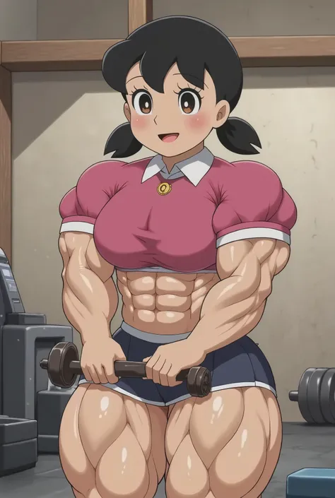 (muscular fbb woman, detailed face, beautiful detailed eyes, beautiful detailed lips, extremely detailed face, long eyelashes, strong physique, (smile), two short pigtails, source_anime, rating_safe BREAK 1girl, solo, black hair, LIGHT SKIN TONE, low twint...