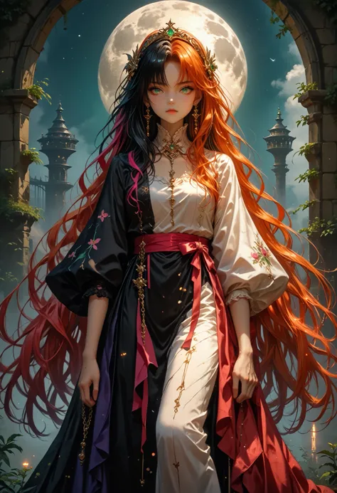 Anime Girl 1, Very long hair, spl1th41r, two tone hair Красно Черного Цвета, Picture in the air Girl, Shown in Full Height, all in chains, Wrapped in splinters, sexy, makeup, The face is beautiful. It is visible., Wide Format Painting, masterpiece, Maximum...