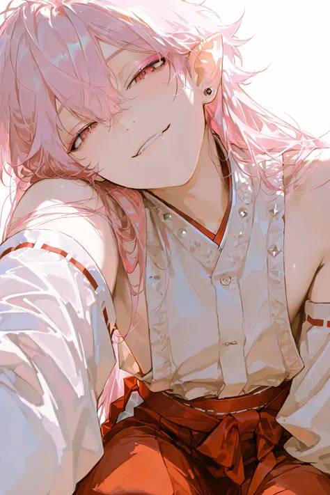 1male,handsome,top quality,high quality,masterpiece,beautiful young man, lean, 6 foot tall, miko, side boob, vampire, detailed face, Gothic, Lolita fashion, simple background, long hair, multi colored hair, (shrine maiden:1.2), pointy ears, visual kei styl...