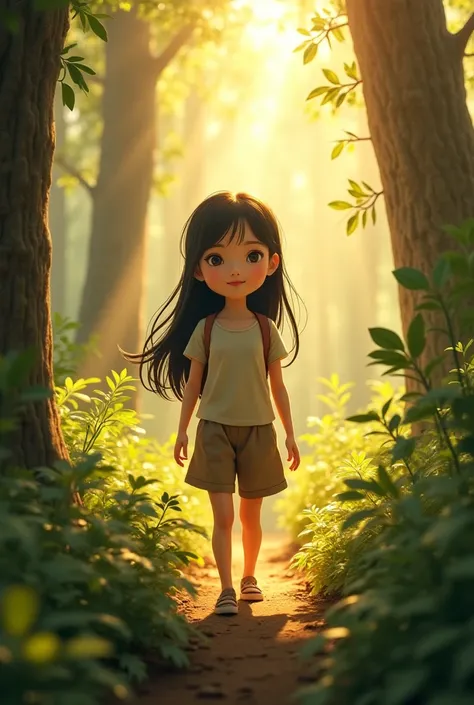 Chinese-haired black girl exploring in the beautiful forest during the day with rays of the sun,  that it looks realistic 