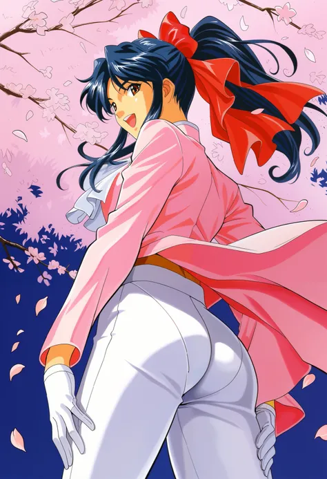 Shinguji Sakura,1girl,solo,cowboy shot,smile,open mouth,looking at viewer,black hair,high ponytail,hair ribbon,red ribbon,red bow,ponytail,white pants,uniform,military uniform,pink jacket,white gloves,white ascot,cherry blossoms,traditional media,score_9,s...