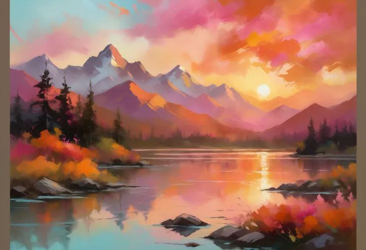 Art Prompt: Majestic Sunset Over Mountain Lake | Vibrant Abstract Landscape | Fiery Sky in Warm Orange, Pink & Gold | Shimmering Water Reflection | Towering Spring Mountains in Soft Haze | Dreamlike, Impressionistic Fusion | Richly Textured Brushstrokes | ...
