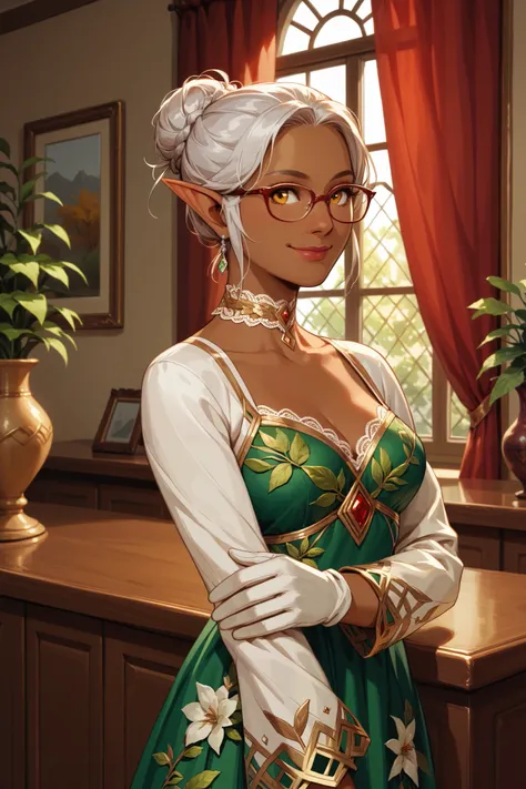 (masterpiece) elf, female, pointed ears, brown skin, (white hair tied in single bun), amber eyes, green frilled dress, sleeves past wrist, golden leaf shaped patterns on dress, red lace choker, white transparent gloves, glasses, adjusting her glasses, (el...