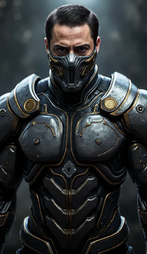 The super realistic ROBERT DOWNEY JR as Kabal, focus on the upper body, with a shiny metallic suit and impactful details, and a striking background: "Hyper-realistic Close-up of ROBERT DOWN as Kabal, the ruthless runner and former member of the Black Drago...