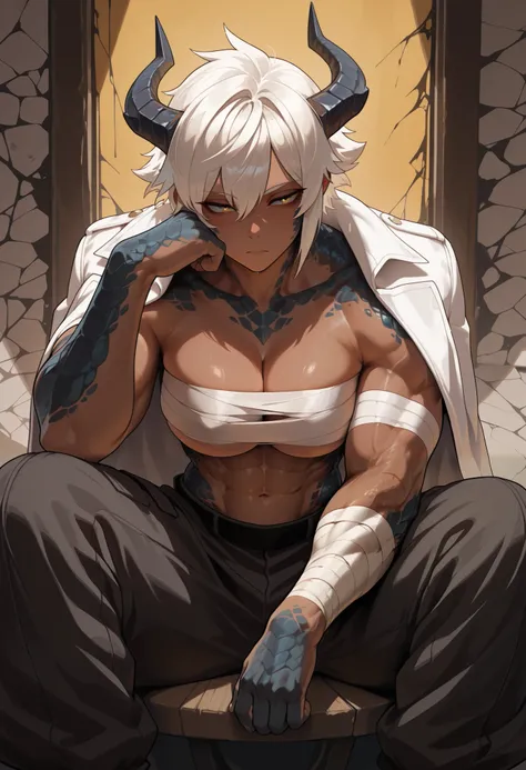 muscular creature, dark horns, yellow eyes, short spiky white hair, short hair, (Bandaged breasts wearing baggy pants:1.3), tired, dark hands, dark scales, bandaged breasts, cape on shoulders, dark pants, scales on arms and legs, calm pose, sitting, athlet...