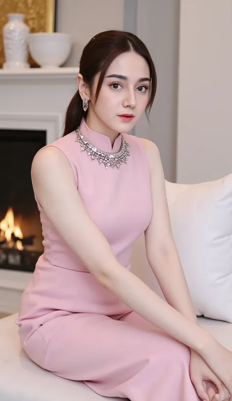 Portrait of a muscle korean woman wearing a traditional satin pasmina muslim outfit. she is sitting on a white couch in a living room with a fireplace in the background. the woman is wearing a long-sleeved pink dress with a high neckline and a statement ne...