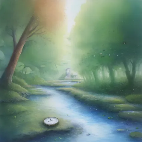 clock time watercolor, broken, colorfull, glitches, river on images, watercolor, rivers, leafs, tress , nature