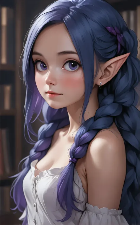 Cartoon style, hand drawing, breathtaking, atmospheric perspective, cute elf, (tiny elf with extremely cute and beautiful dark blue hair)), (((naked elf))), (((elf ears))), (((flat chest))), ((((ultra violet hair:1.35, messy ultra violet hair, long hair, h...