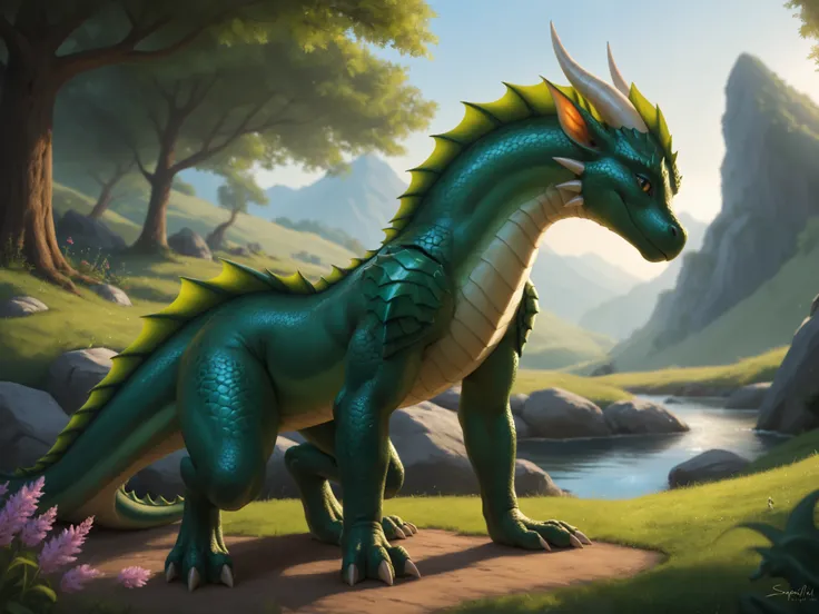 Fantasy Illustration: A Young Green Dragon and an Elf Knight in a Dramatic Encounter. In a serene landscape, a slender young green dragon, its neck adorned with a spiky fin, stands calmly on all fours, gazing directly at the viewer. Its thin arms, legs, ne...