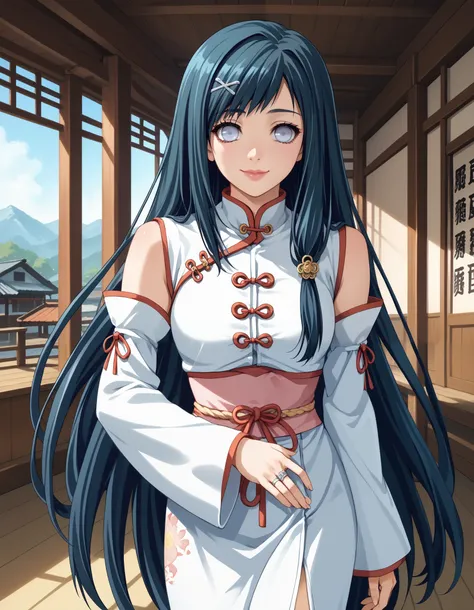 score_9, score_8_up, score_7_up, source_anime, solo, 1girl, piafumika, dark blue hair, big eyes, ring, white eyes, tareme, lips, smile, closed mouth, very long hair, detached sleeves, swept bangs, asymmetrical sidelocks, long sidelock, x hair ornament, hai...