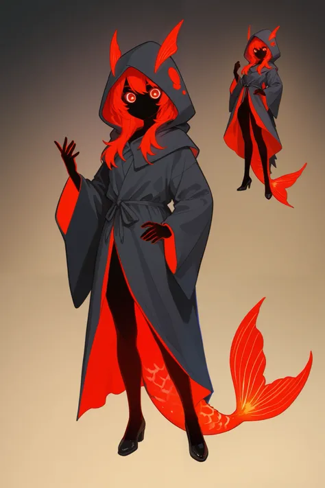 Character design, Cloacked figure, using dark grey robes, glowing red eyes, blue and red koi fish tail