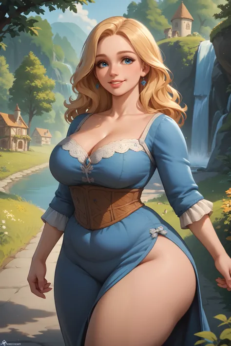 High quality, high resolution, masterpiece, intricate details, 1 girl, medieval times, medival blue dress, beautiful face, gorgeous, long blonde hair, captivating blue eyes, plump lips, big breasts, cleavage, slim waist, wide hips, big butt, (massive thigh...