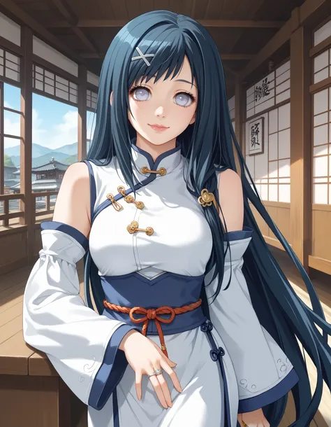 score_9, score_8_up, score_7_up, source_anime, solo, 1girl, piafumika, dark blue hair, big eyes, ring, white eyes, tareme, lips, smile, closed mouth, very long hair, detached sleeves, swept bangs, asymmetrical sidelocks, long sidelock, x hair ornament, med...