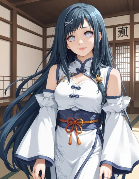 score_9, score_8_up, score_7_up, source_anime, solo, 1girl, piafumika, dark blue hair, big eyes, ring, white eyes, tareme, lips, smile, closed mouth, very long hair, detached sleeves, swept bangs, asymmetrical sidelocks, long sidelock, x hair ornament, med...
