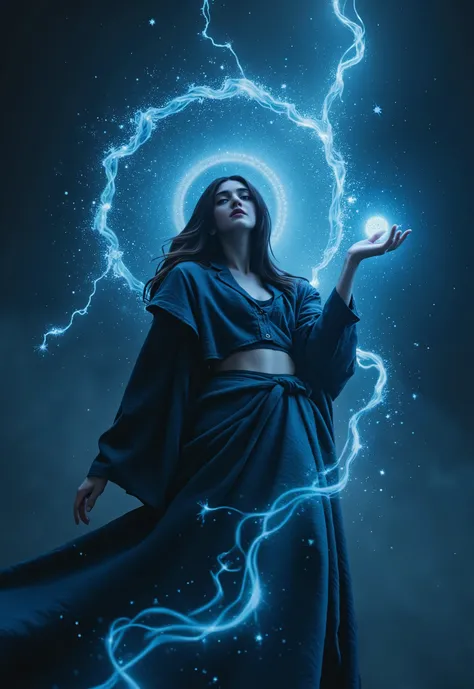 A lone close-up beauty-wizard reaching out intertwined with a Bio-Luminescent Nebula, where ethereal, glowing particles emanate from its form. Employ a mystical color scheme of Cosmic Black and Electric Blue to evoke a sense of wonder and cosmic beauty --a...