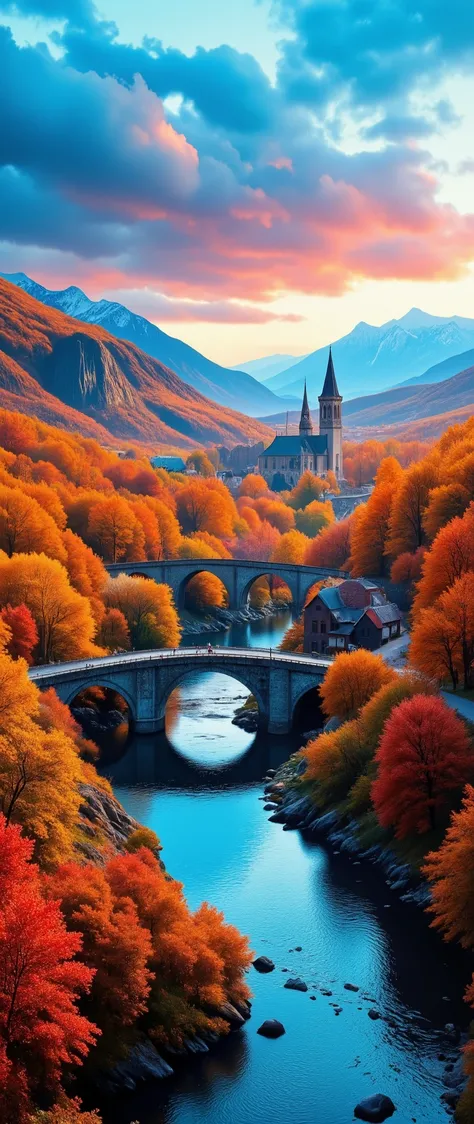 in high-definition images、an image masterpiece of an autumn plain 、 bright color 、 Spectacular Dramatic Expression Intense Style 、 a small village with a church 、 Gothic Bridges 、 A river in a gentle valley、 crystal water top quality screen environment ...