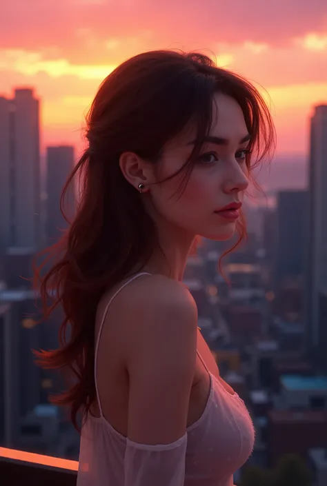 A girl looking about 25 years old with brown hair on the balcony against the backdrop of skyscrapers. Wearing a thin short nightie, evening lighting that looks like a sunset. close-up