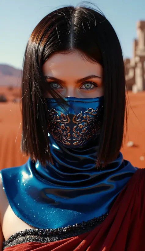 "Hyper-realistic close-up of the upper body like , The warrior from Mortal Kombat Kitana.  She has a calm expression , most powerful, with penetrating eyes that convey nobility and strength. Sua blue metallic mask cobre parte do rosto, with intricate detai...