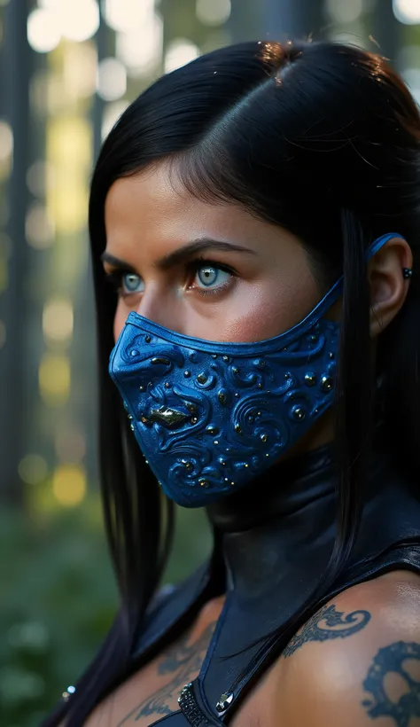 Hyper-realistic close-up of the upper body like , The warrior from Mortal Kombat Kitana.  She has a calm expression , most powerful, with penetrating eyes that convey nobility and strength. Sua blue metallic mask cobre parte do rosto, with intricate detail...