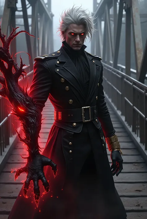 The image depicts a dark and powerful character, accompanied by an entity made of shadows and evil energy emerging from his arm, the eyes of the magical creature emerging from his arm are red.
Hair: White, messy and spiky, contrasting strongly with his da...