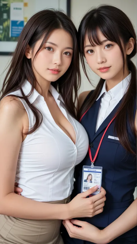 ((masterpiece, top quality, 最high image qualityのKiによる撮影, high image quality , photorealistic, RAW photo)), 2 girls , Two people, beautiful young woman, realistic skin texture , Big Breasts (((sleeveless, 天然Big Breasts, ))), 美しいthigh、((In the offi...